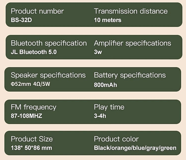   BS32D Bluetooth Speaker: Specifications