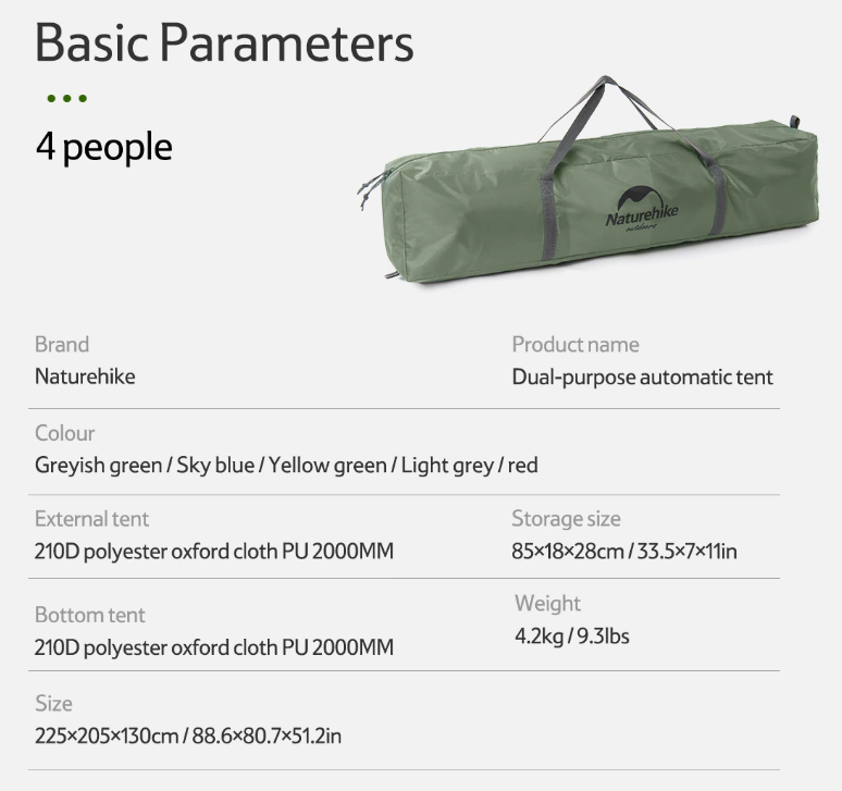 Ultra-Lightweight Foldable Tent: basic parameters